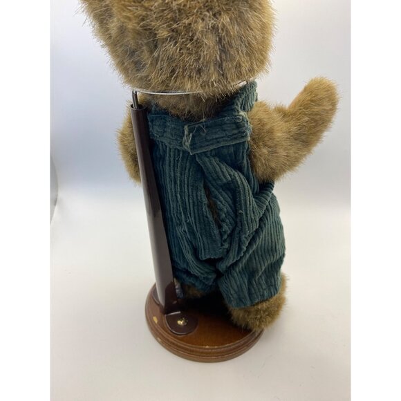 Vintage Boyd’s Teddy Bear In Green Corduroy Overalls On Wooden Stand 10” - Picture 5 of 12